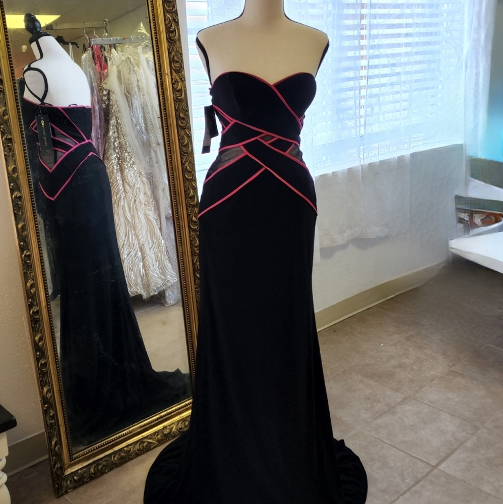 Black Neon Pink Trim Evening Gown with sheer cut outs
